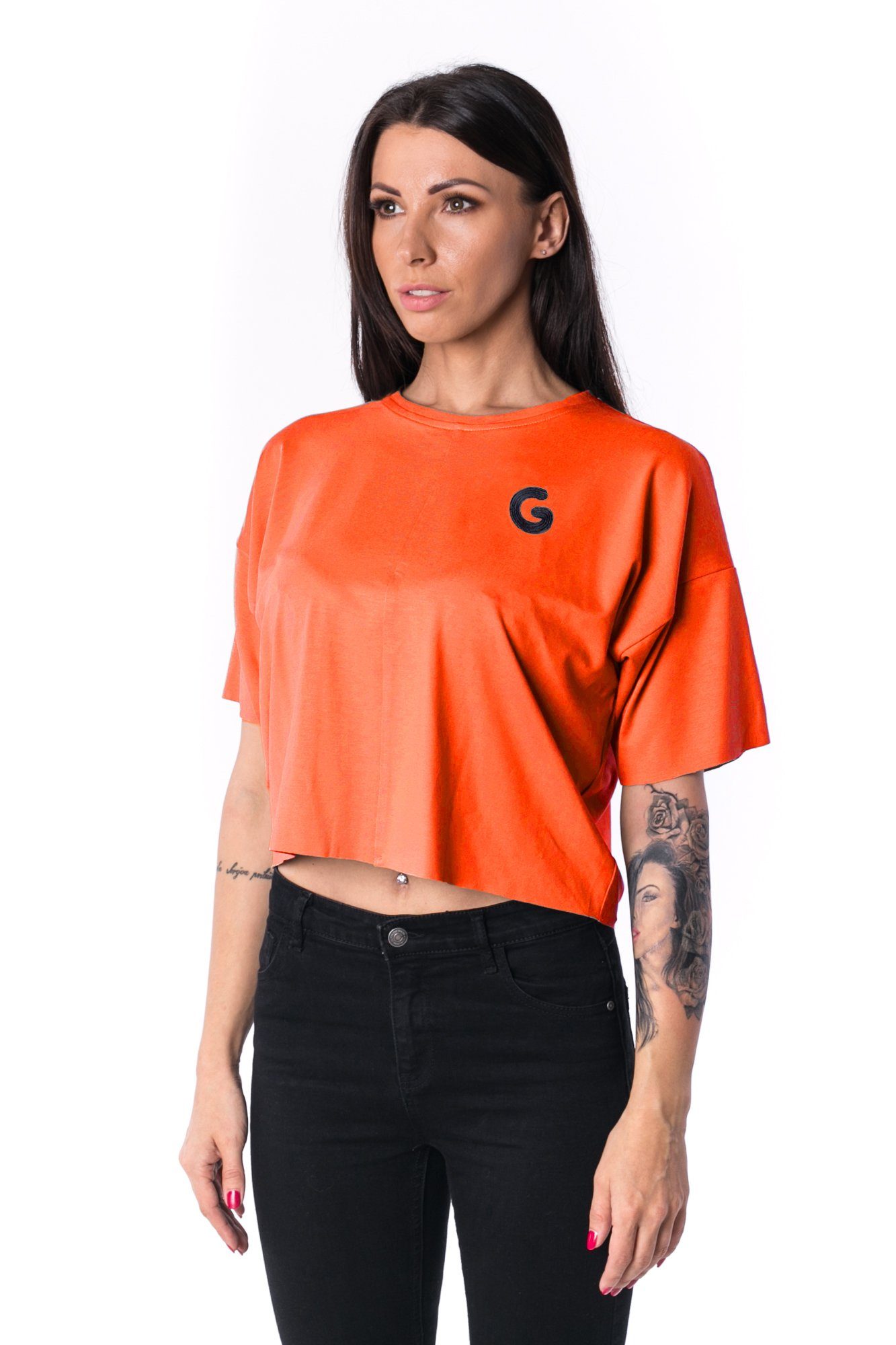 Dámske Paneled Oversized Cropped Tričko 17 // oranžové