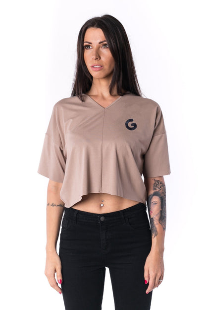 TheG Woman Panelled Oversize Crop V-Neck Tee 17 // mocca