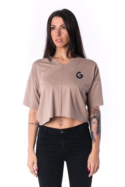 TheG Woman Paneled Oversize Crop Tričko s výstrihom do V 17 // mocca