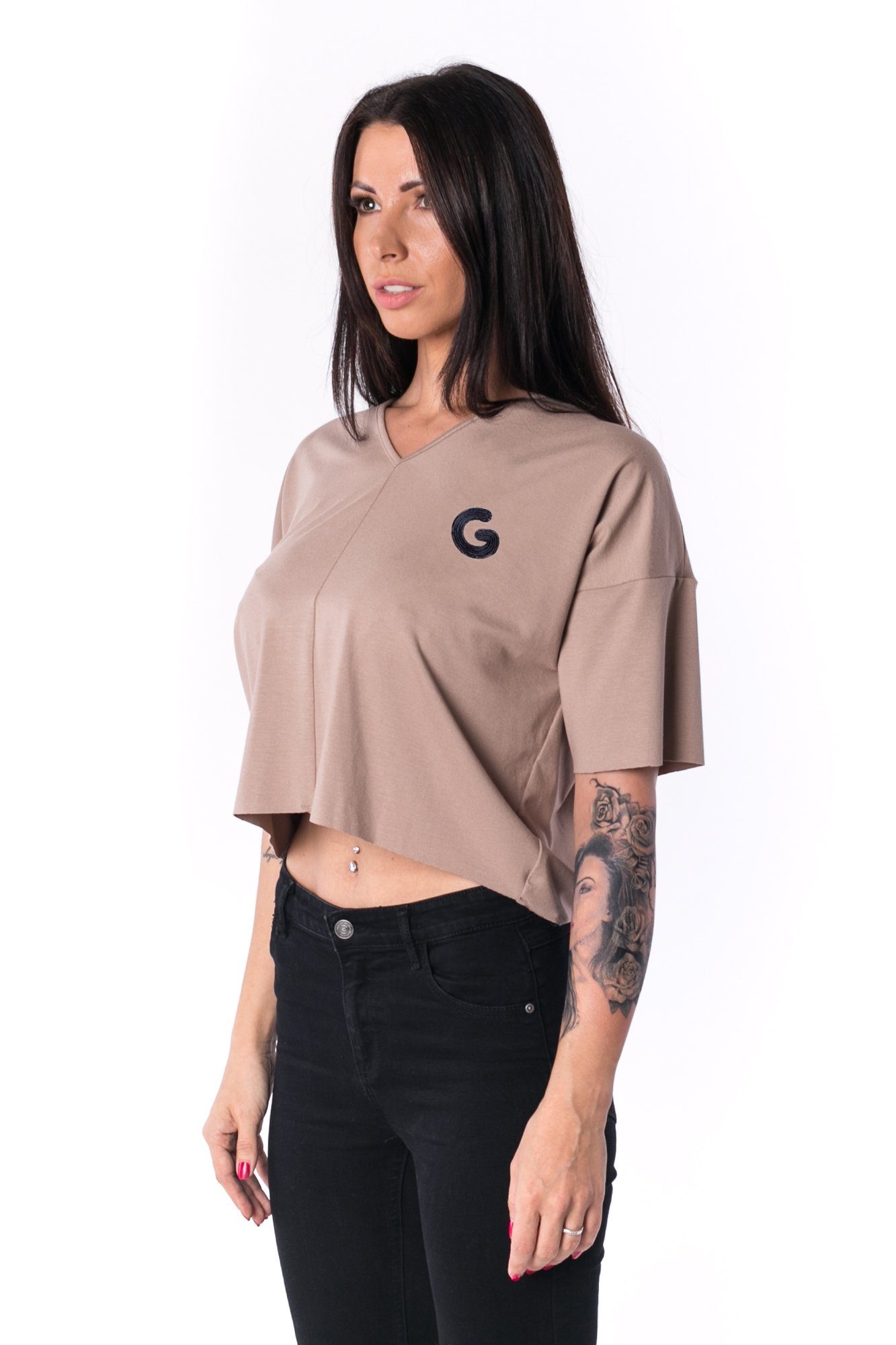 TheG Woman Paneled Oversize Crop Tričko s výstrihom do V 17 // mocca
